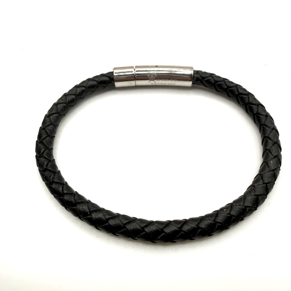Oxford Ivy Bracelet Braided Black Leather Stainless Steel Magnetic Clasp Preppy